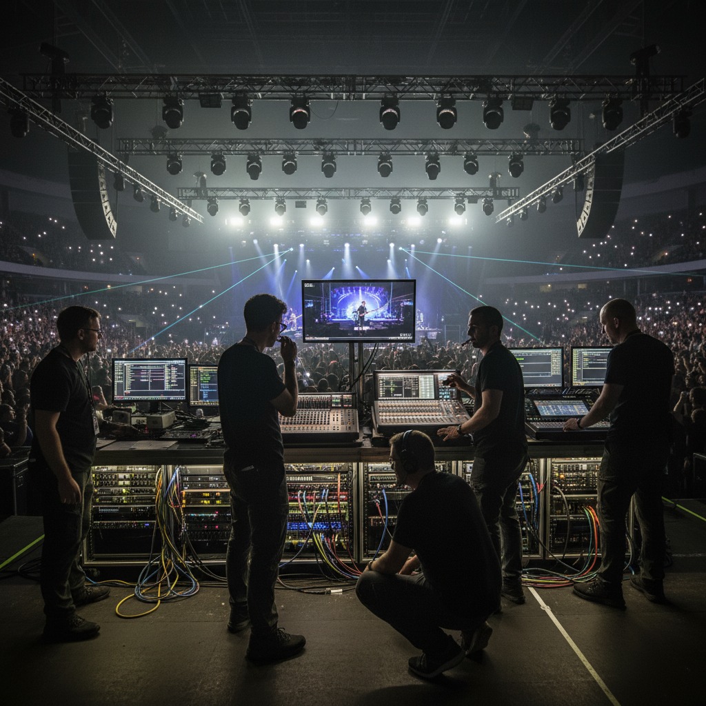Ein Team von Technikern bedient an einem Mischpult die Licht- und Tontechnik bei einem Konzert in einer großen Arena.